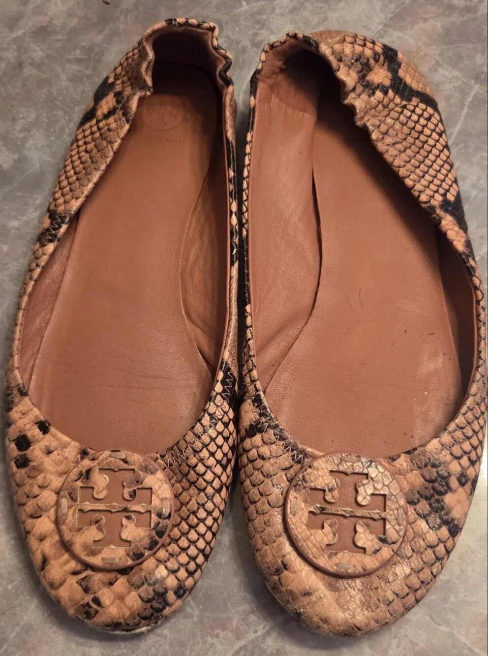 Tory Burch Pink Snake-Print Leather Ballet Flats
